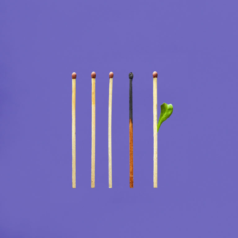 Purple background with five matches and a leaf attached to the last one.
